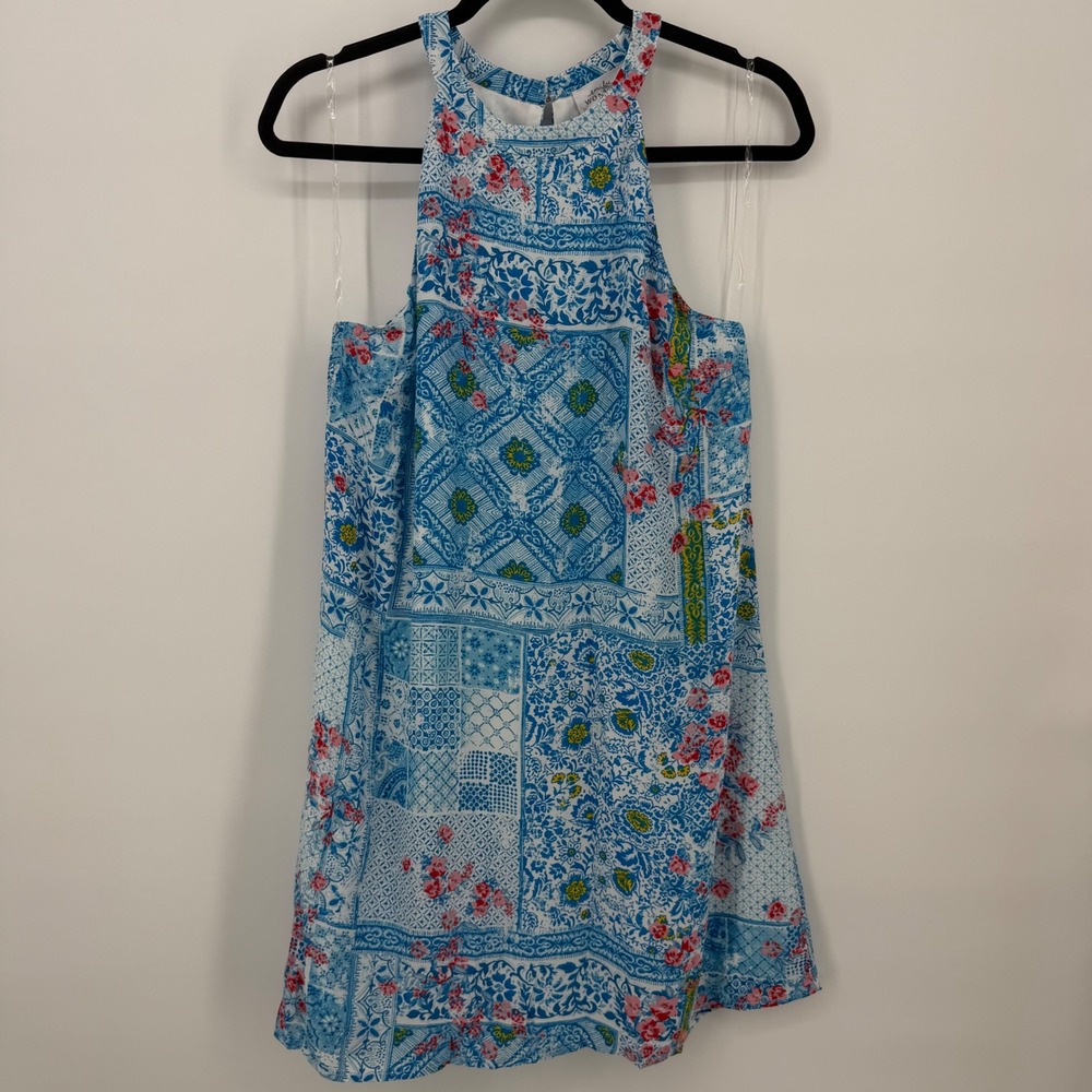Emily Wonder Blue Patchwork Floral Halter Mini Dress NWT Medium